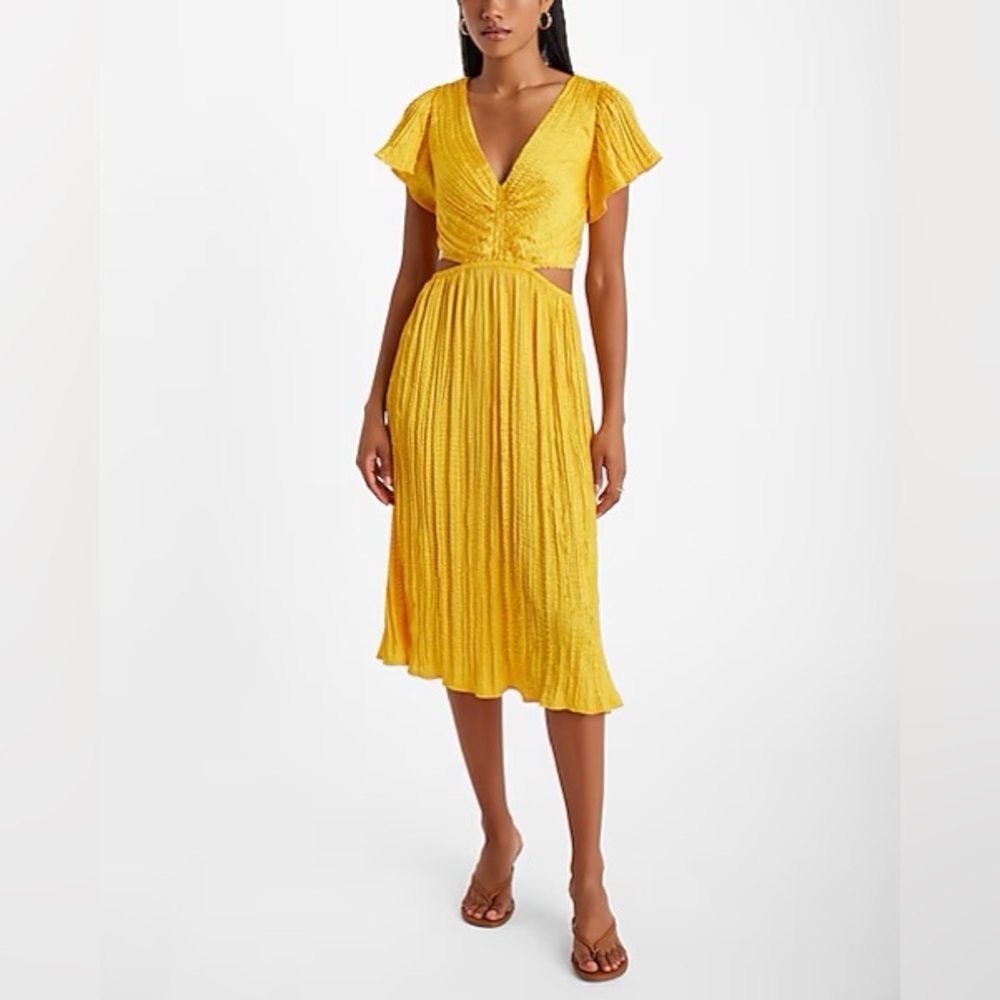Satin V-Neck Flutter Sleeve Pleated Cutout Midi Dress